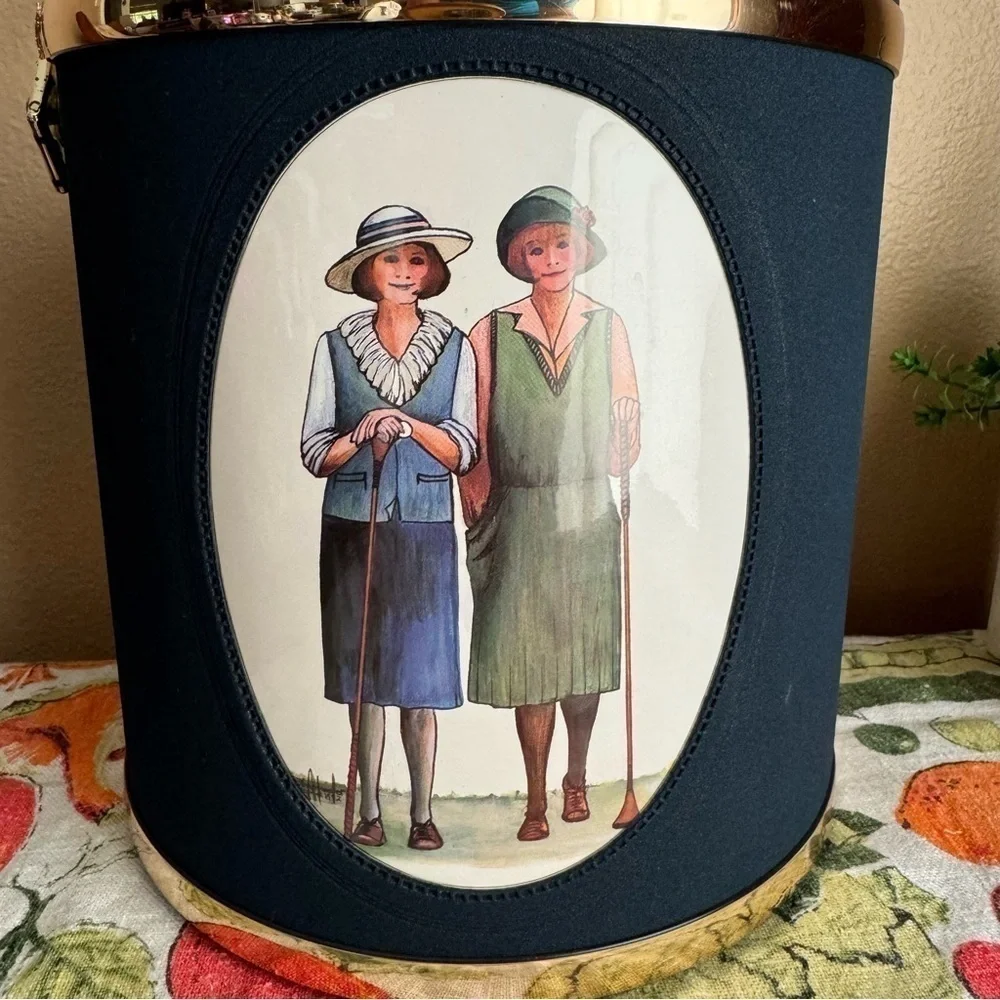 Vintage style lady golfer navy ice bucket with lid